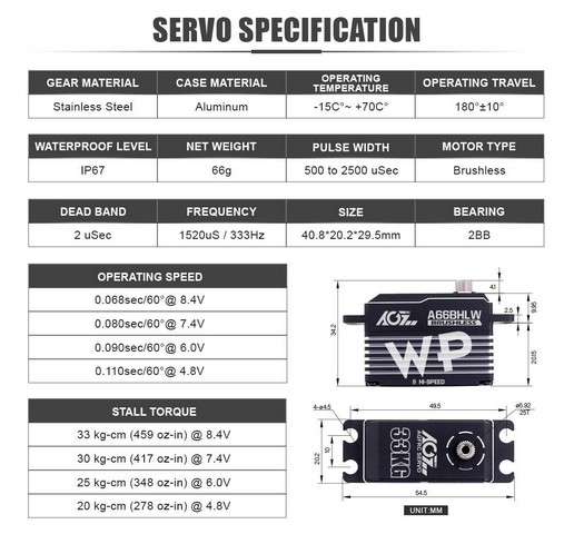 AGF-RC A66BHLW - 33KG Upgrade Steel Gears Heat Sink Case 0.068Sec High Speed Low Profile Brushless Waterproof Servo
