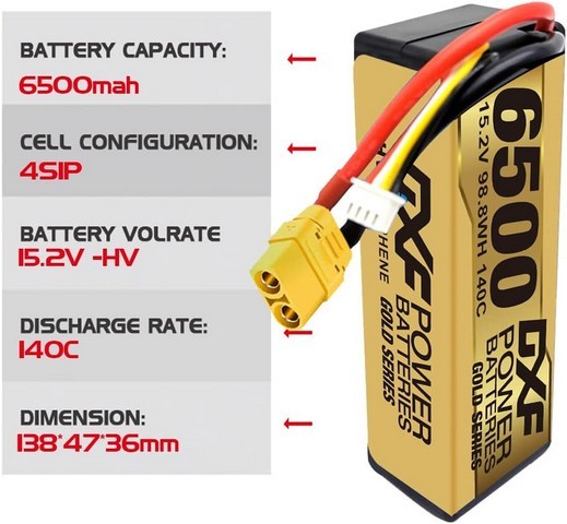 DXF 65004S-GTR - 15.2V 4S Batteria Lipo 6500mah 140C Graphene LCG con connettore XT90