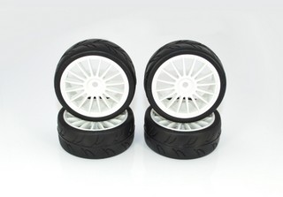 Ride 1/10 Slick Tires Precut 24mm Pre-glued with 16 Spoke Wheel White, 4pcs